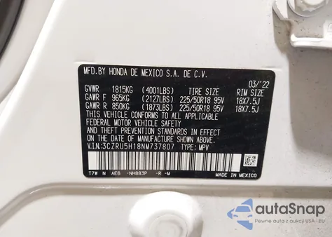 2022 Honda Hr-V 2Wd Sport z USA, uszkodzony, nr VIN 3CZRU5H18NM737807